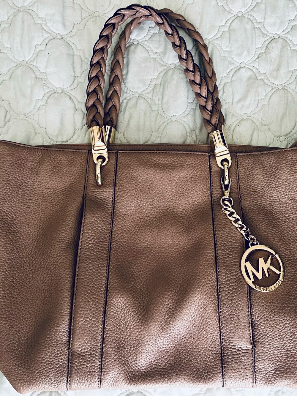 MICHAEL KORS Taupe Leather Tote with Braided Handles, shoulder strap, & MK Charm